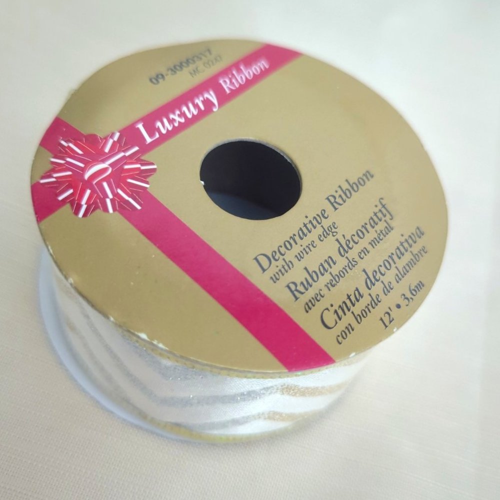 Luxury Decorative Ribbon with Wire Edge Gold White | Arts & Crafts